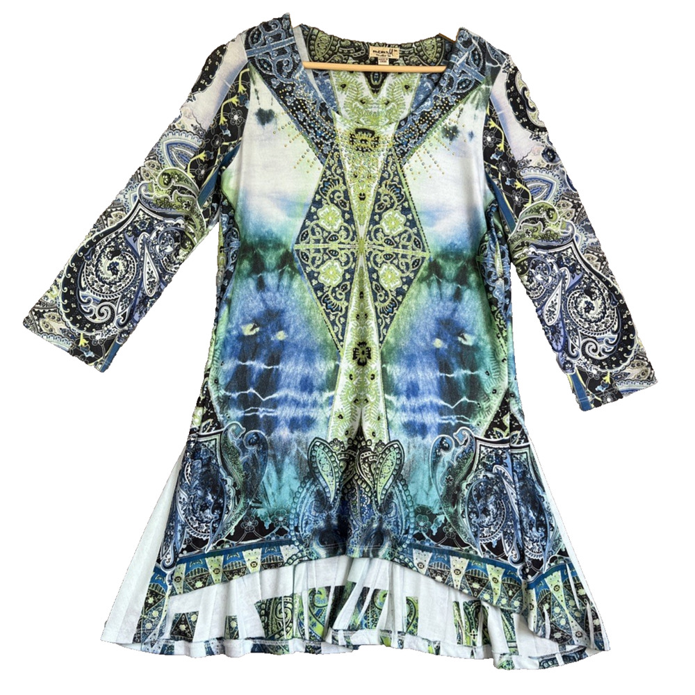 One World Tunic Dress Medium Blue Green Paisley 3/4 Sleeve Boho Hippie Arty